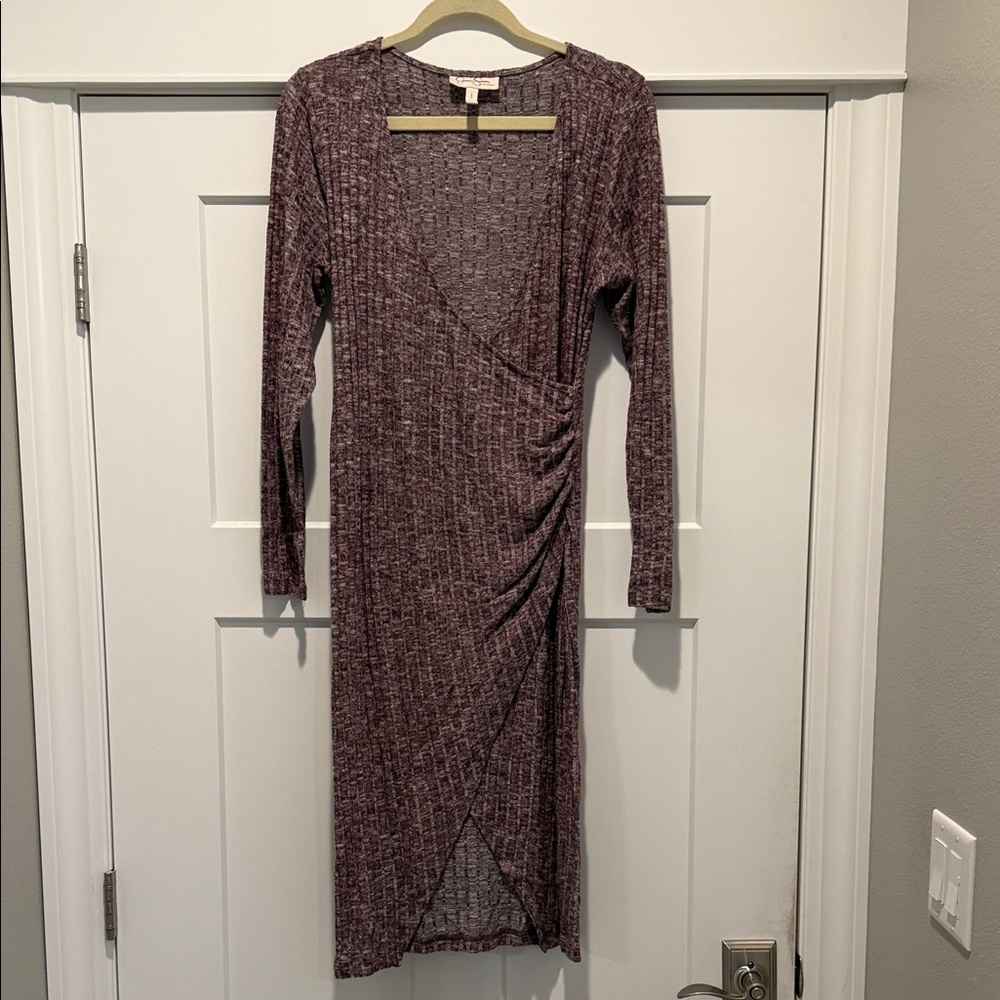 Maternity Ribbed Wrap-Style Long Sleeve Midi Dress in Plum